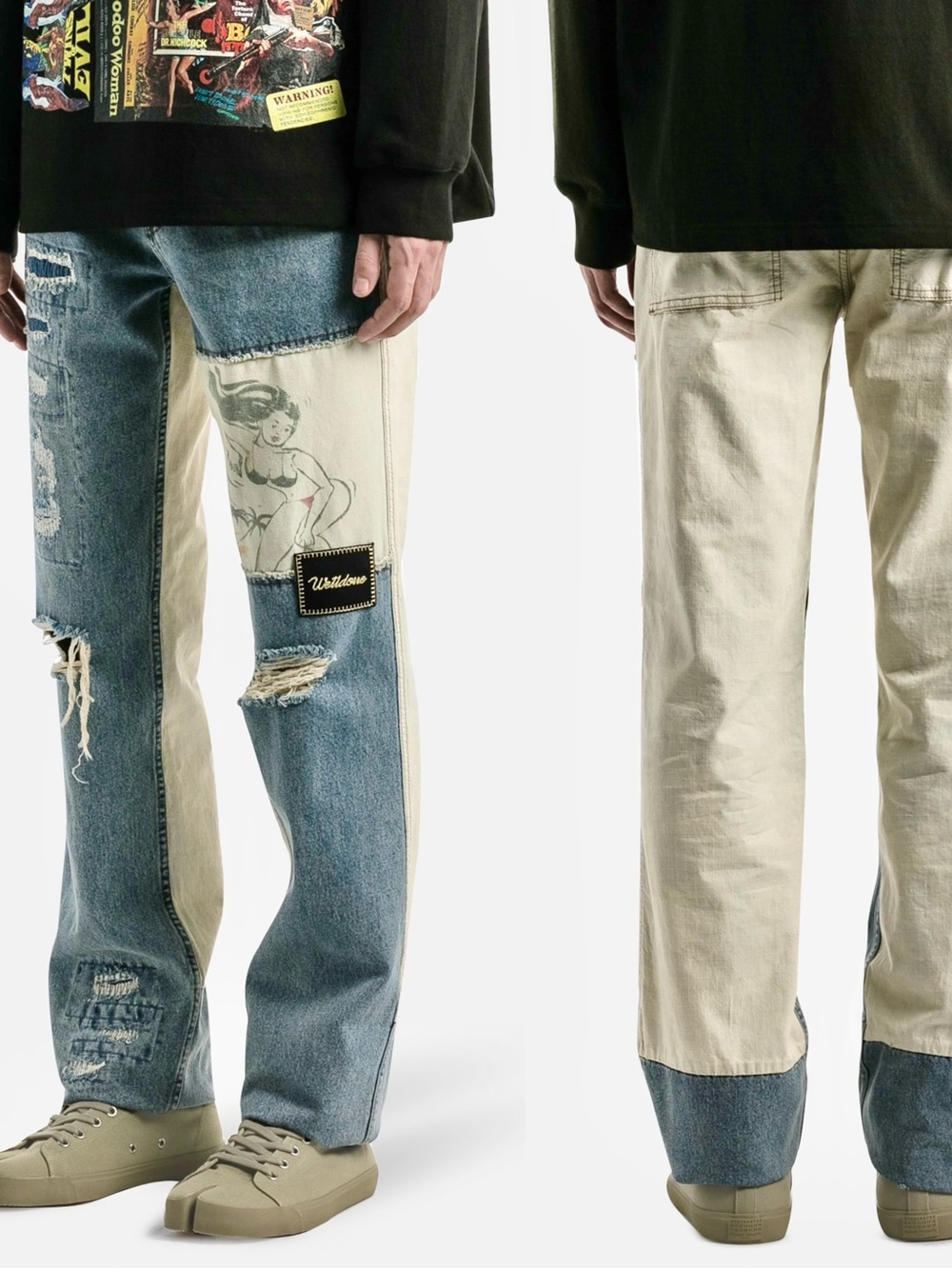 WE11DONE Distressed Patchwork Denim Jeans Blue Size S